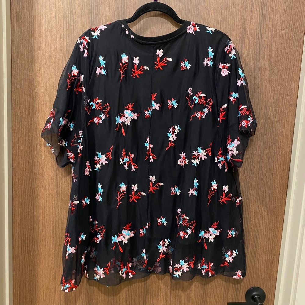 MASSINI Womens Black Mesh Embroidered Floral Short Sleeve Top Size 3X Holiday - Picture 8 of 10